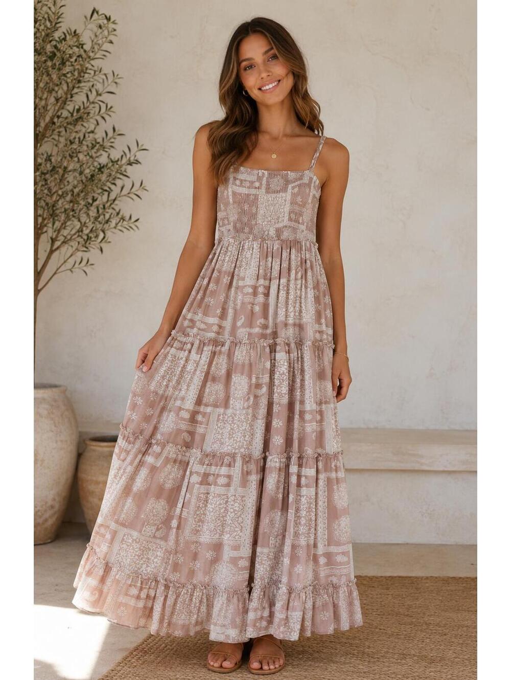 Pink Lily Smocked Tiered Maxi Dress Size S Taupe Pink Paisley Floral